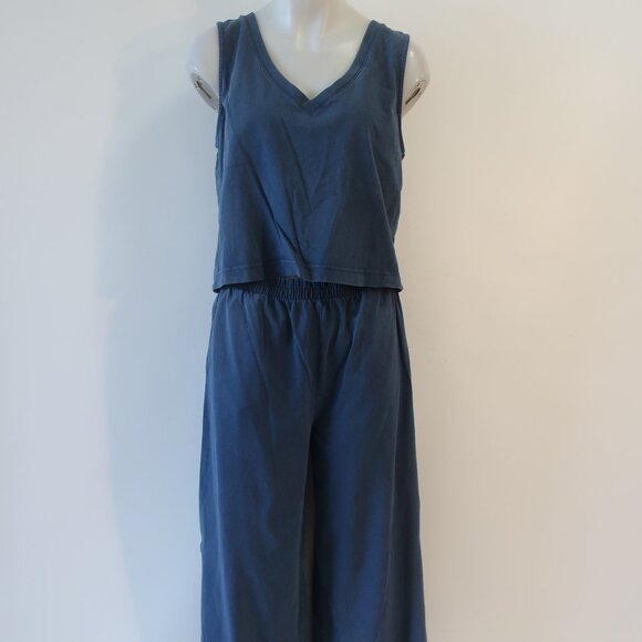 Women Z Supply Teal 2Pc Lounge Set Cotton V-Neck Top Pull-On Flared Crop Pants M - Picture 8 of 13